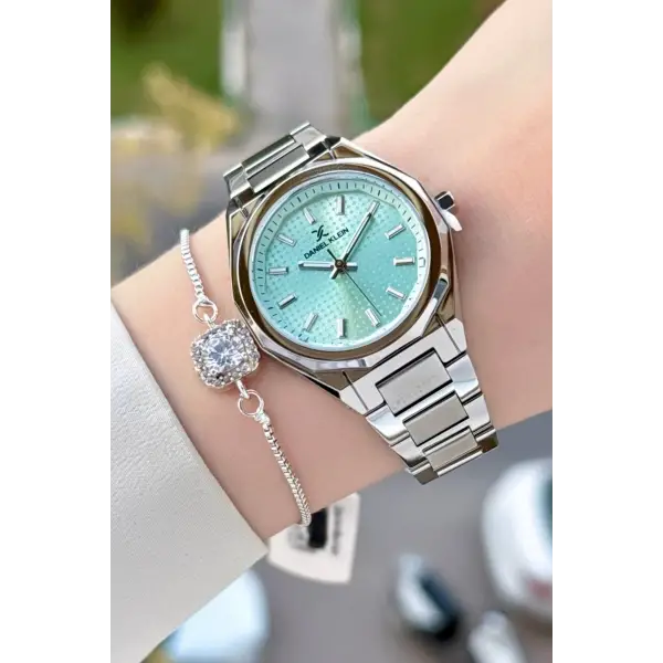 Kadranı Su Yeşili Kordonu Gümüş Renk 33 Mm Kadın Kol Saati ve Bileklik