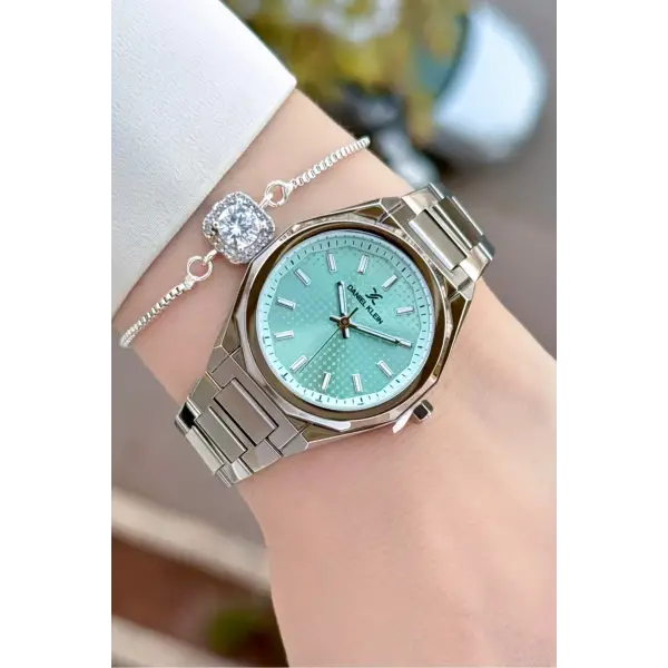 Kadranı Su Yeşili Kordonu Gümüş Renk 33 Mm Kadın Kol Saati ve Bileklik