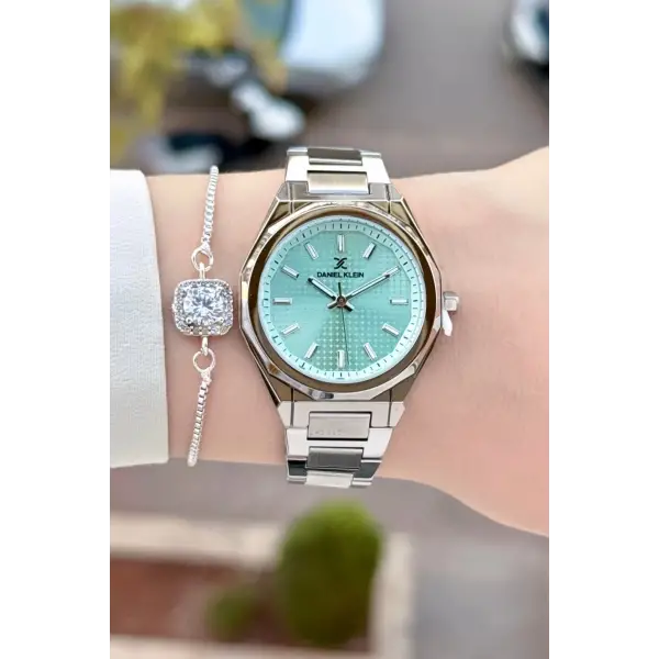 Kadranı Su Yeşili Kordonu Gümüş Renk 33 Mm Kadın Kol Saati ve Bileklik