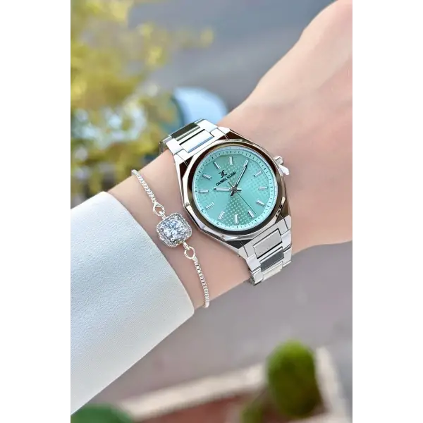 Kadranı Su Yeşili Kordonu Gümüş Renk 33 Mm Kadın Kol Saati ve Bileklik
