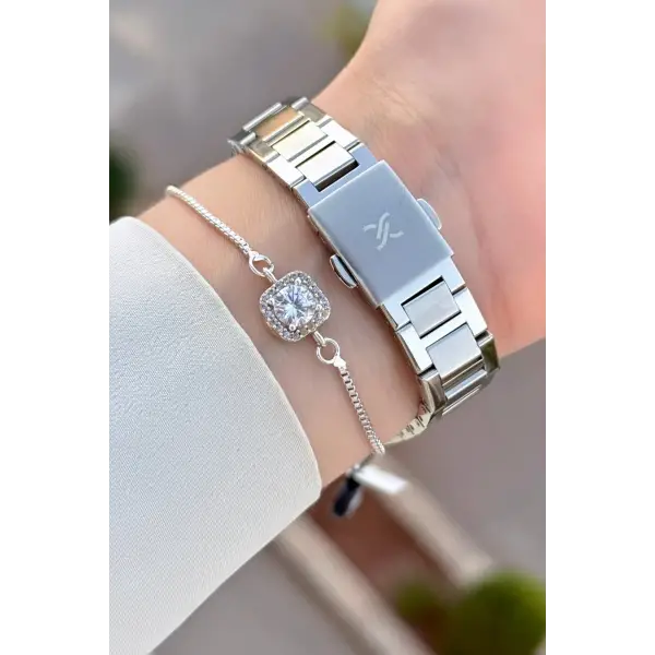 Kadranı Su Yeşili Kordonu Gümüş Renk 33 Mm Kadın Kol Saati ve Bileklik