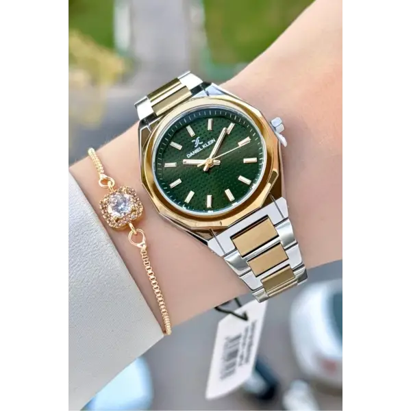 Kadranı Yeşil Kordonu Gold Gümüş Renk 33 Mm Kadın Kol Saati ve Bileklik