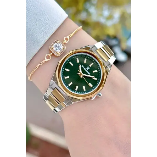 Kadranı Yeşil Kordonu Gold Gümüş Renk 33 Mm Kadın Kol Saati ve Bileklik