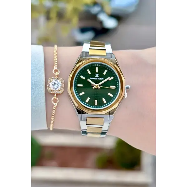 Kadranı Yeşil Kordonu Gold Gümüş Renk 33 Mm Kadın Kol Saati ve Bileklik