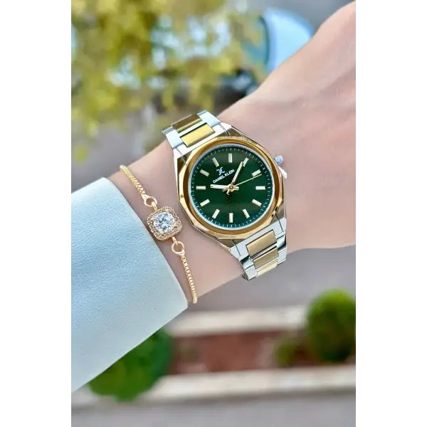 Kadranı Yeşil Kordonu Gold Gümüş Renk 33 Mm Kadın Kol Saati ve Bileklik