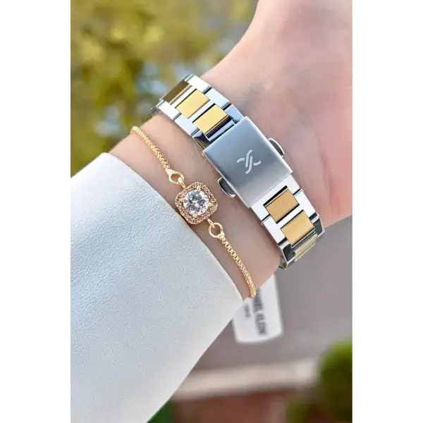 Gold Gümüş Renk 33 Mm Kadın Kol Saati ve Bileklik