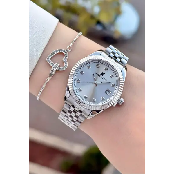 Gümüş Renk 34 Mm Hediye Paketli Kadın Kol Saati ve Bileklik