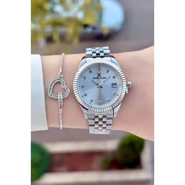 Gümüş Renk 34 Mm Hediye Paketli Kadın Kol Saati ve Bileklik