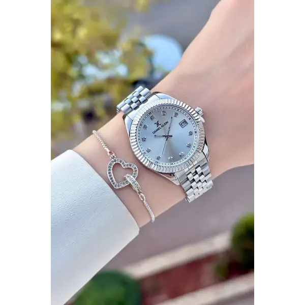 Gümüş Renk 34 Mm Hediye Paketli Kadın Kol Saati ve Bileklik