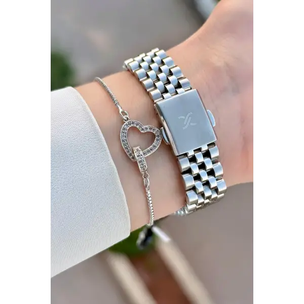 Gümüş Renk 34 Mm Hediye Paketli Kadın Kol Saati ve Bileklik