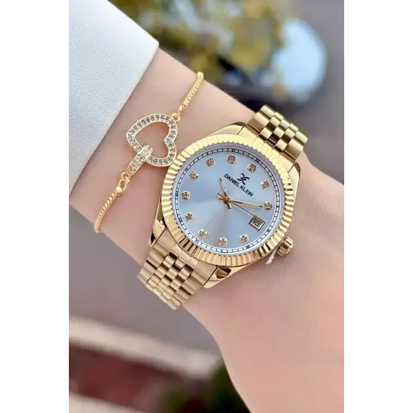 Gold Renk 34 Mm Hediye Paketli Kadın Kol Saati ve Bileklik