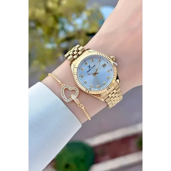 Gold Renk 34 Mm Hediye Paketli Kadın Kol Saati ve Bileklik