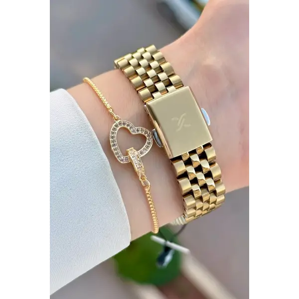 Gold Renk 34 Mm Hediye Paketli Kadın Kol Saati ve Bileklik