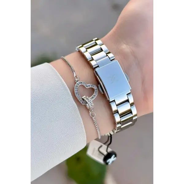 Gümüş Renk 34 Mm Kadın Kol Saati ve Bileklik