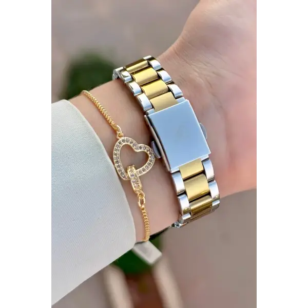 Gold Gümüş Renk 34 Mm Kadın Kol Saati ve Bileklik