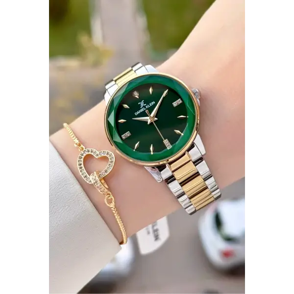 Kadranı Yeşil Kordonu Gold Gümüş Renk 34 Mm Kadın Kol Saati ve Bileklik