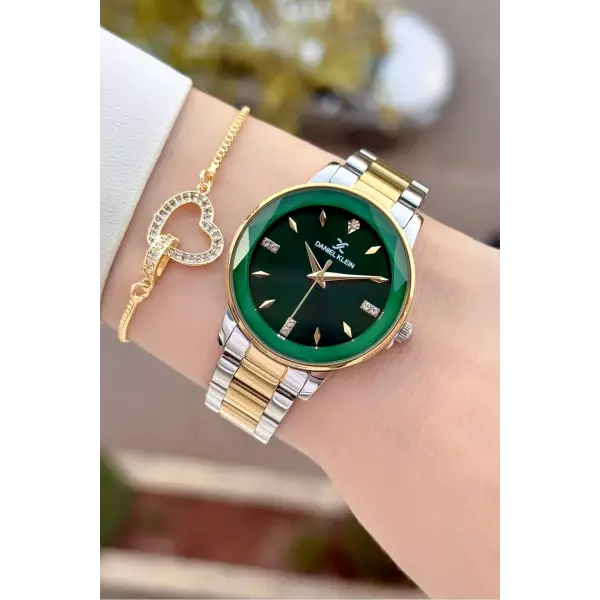 Kadranı Yeşil Kordonu Gold Gümüş Renk 34 Mm Kadın Kol Saati ve Bileklik