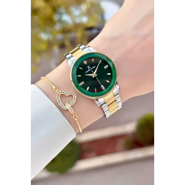 Kadranı Yeşil Kordonu Gold Gümüş Renk 34 Mm Kadın Kol Saati ve Bileklik