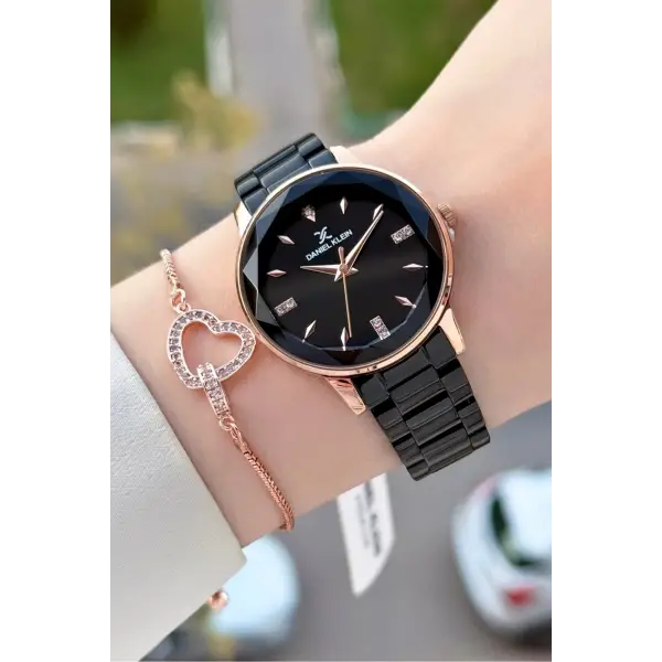 Kasası Rose Kordonu Siyah Renk 34 Mm Kadın Kol Saati ve Bileklik