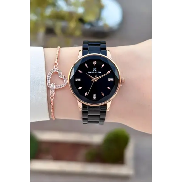Kasası Rose Kordonu Siyah Renk 34 Mm Kadın Kol Saati ve Bileklik
