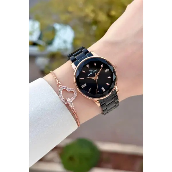 Kasası Rose Kordonu Siyah Renk 34 Mm Kadın Kol Saati ve Bileklik