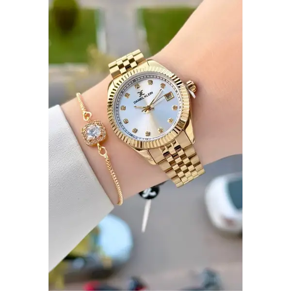 Gold Renk 34 Mm Hediye Paketli Kadın Kol Saati ve Hediye Baget Bileklik