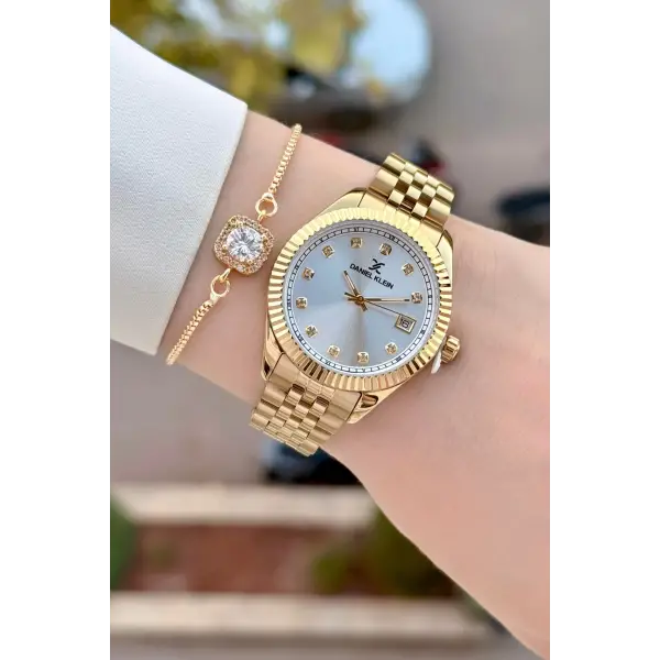 Gold Renk 34 Mm Hediye Paketli Kadın Kol Saati ve Hediye Baget Bileklik