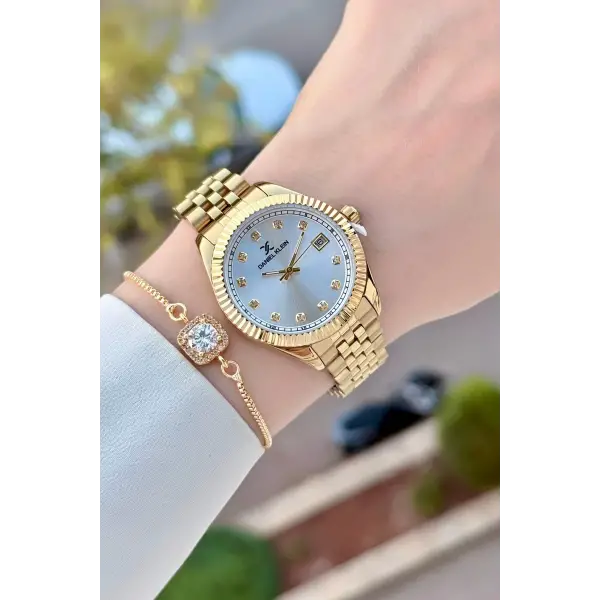 Gold Renk 34 Mm Hediye Paketli Kadın Kol Saati ve Hediye Baget Bileklik