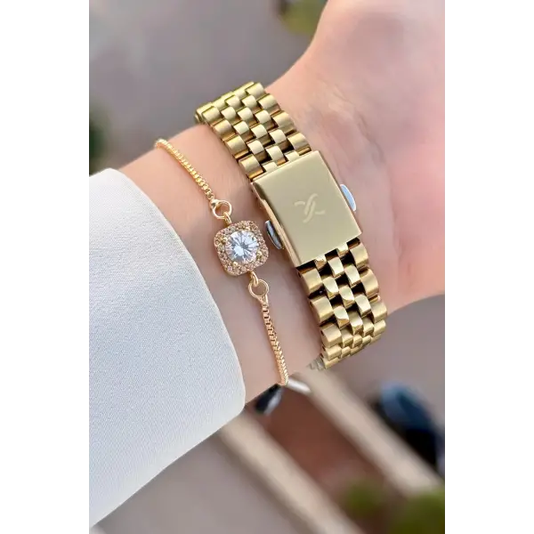 Gold Renk 34 Mm Hediye Paketli Kadın Kol Saati ve Hediye Baget Bileklik