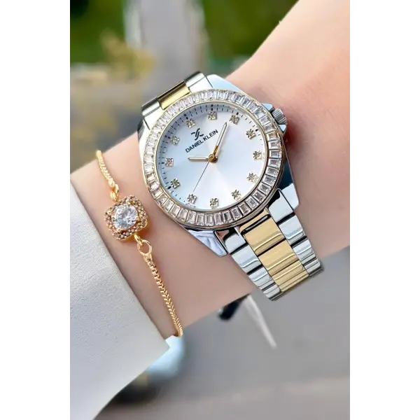 Gold Gümüş Renk 34 Mm Hediye Paketli Kadın Kol Saati ve Hediye Baget Bileklik