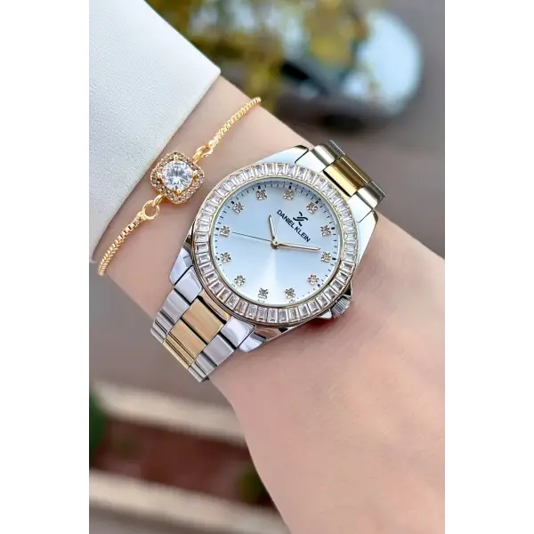 Gold Gümüş Renk 34 Mm Hediye Paketli Kadın Kol Saati ve Hediye Baget Bileklik