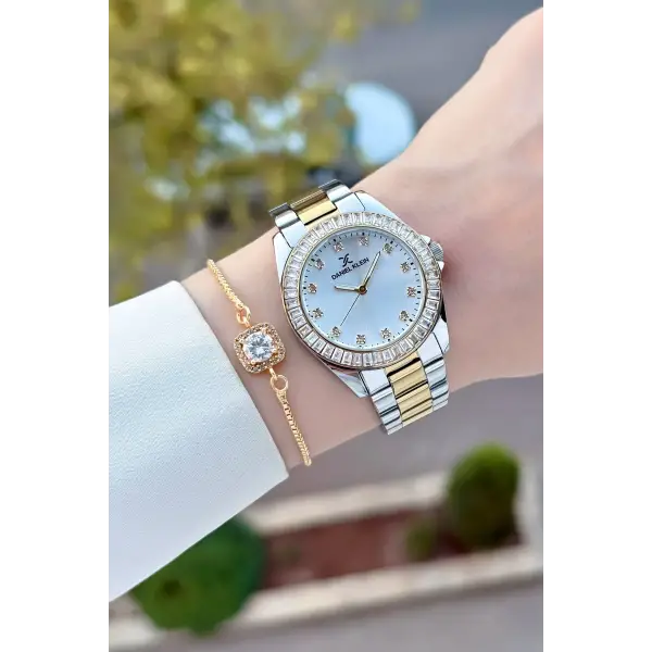 Gold Gümüş Renk 34 Mm Hediye Paketli Kadın Kol Saati ve Hediye Baget Bileklik