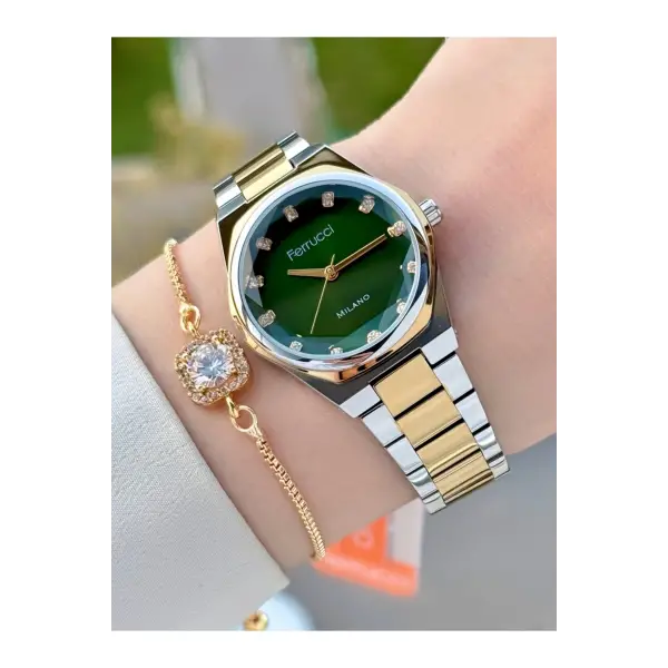 Kadranı Yeşil Gold Gümüş Renk 30 Mm Kadın Kol Saati ve Bileklik