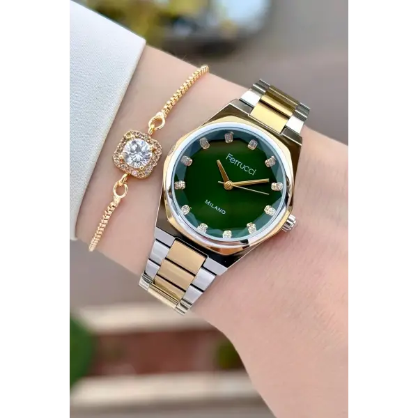 Kadranı Yeşil Gold Gümüş Renk 30 Mm Kadın Kol Saati ve Bileklik