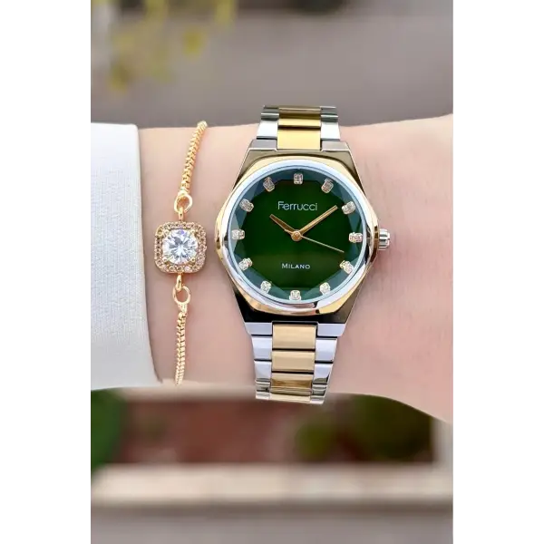 Kadranı Yeşil Gold Gümüş Renk 30 Mm Kadın Kol Saati ve Bileklik