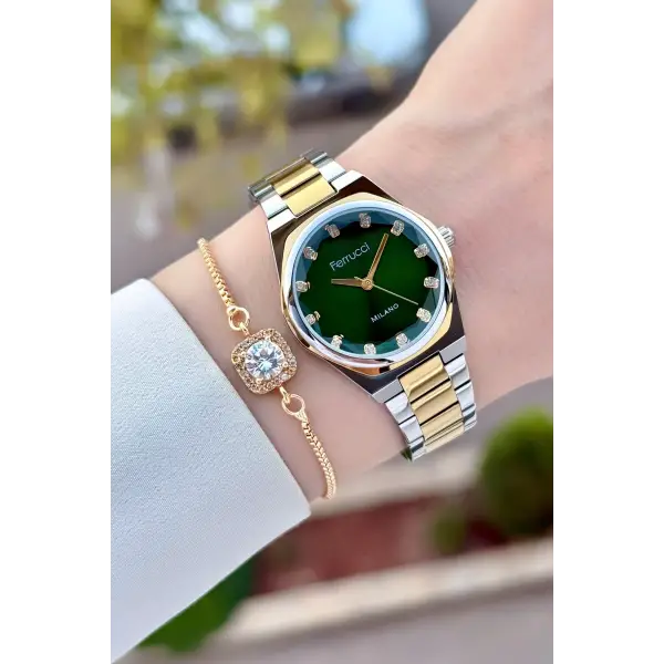 Kadranı Yeşil Gold Gümüş Renk 30 Mm Kadın Kol Saati ve Bileklik