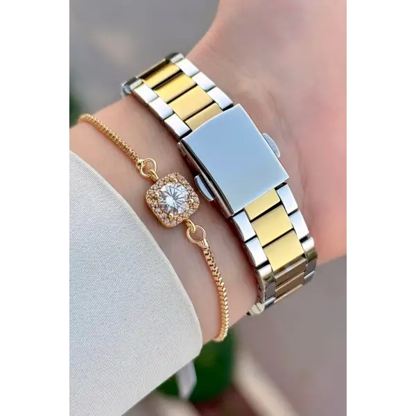 Kadranı Yeşil Gold Gümüş Renk 30 Mm Kadın Kol Saati ve Bileklik