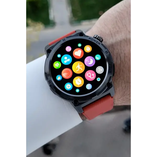 Kasası Siyah Kordonu Kırmızı Renk Android ve ios Uyumlu Hediye Paketli Akıllı Kol Saat