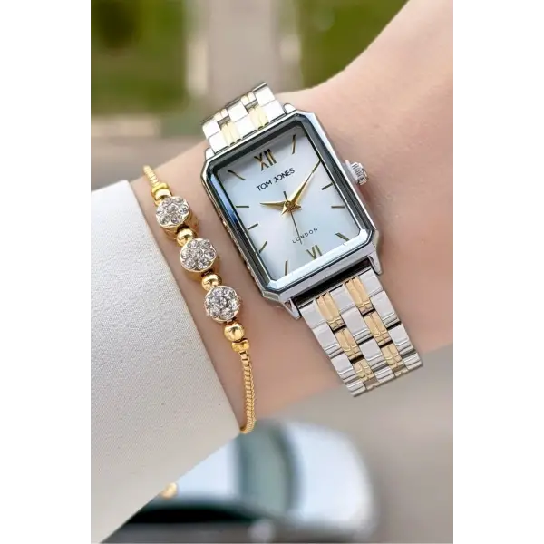 Gold Gümüş Renk Kadın Kol Saati ve Bileklik