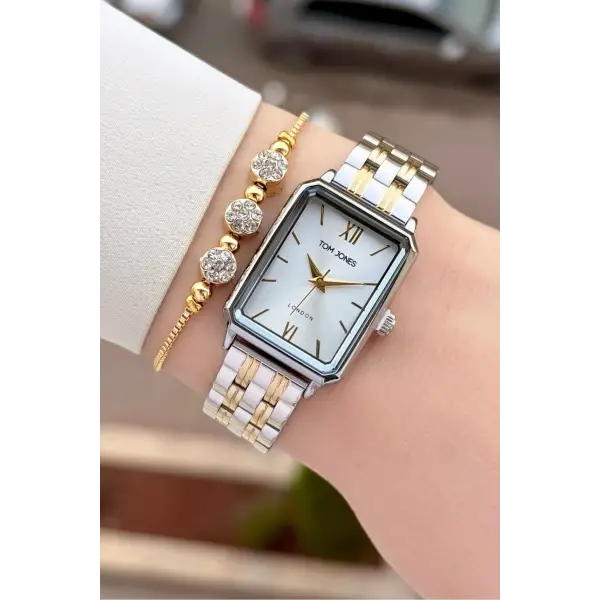 Gold Gümüş Renk Kadın Kol Saati ve Bileklik