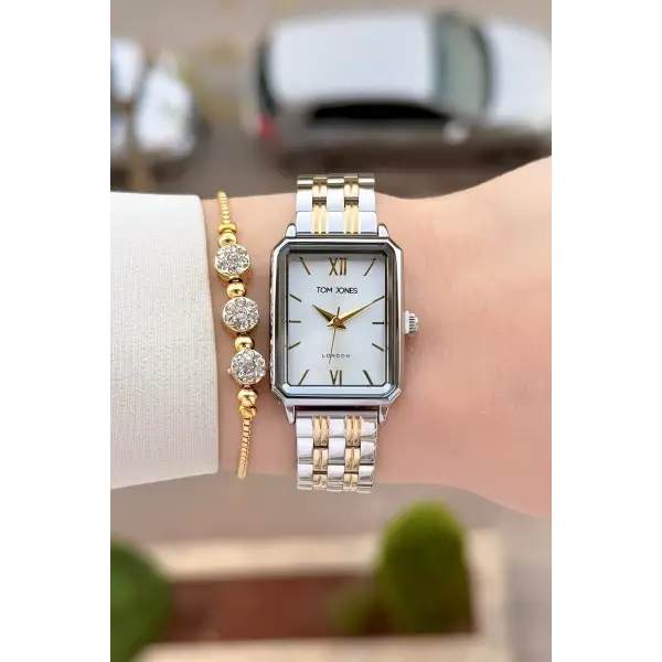 Gold Gümüş Renk Kadın Kol Saati ve Bileklik