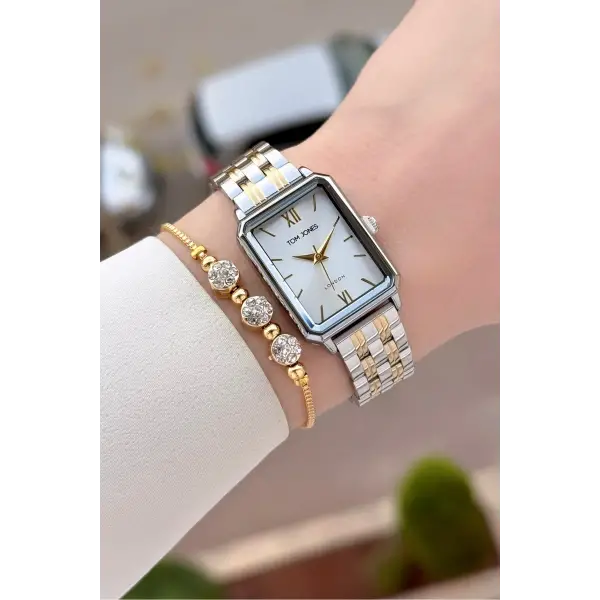 Gold Gümüş Renk Kadın Kol Saati ve Bileklik