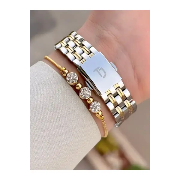 Gold Gümüş Renk Kadın Kol Saati ve Bileklik