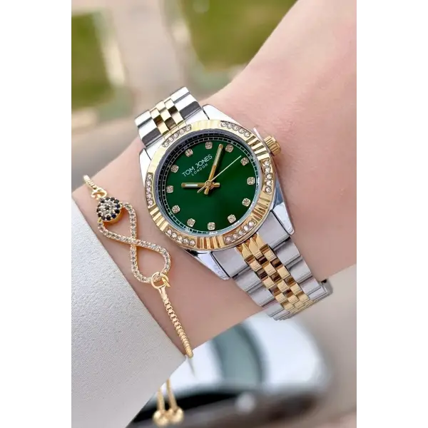 Kadranı Yeşil Gold Gümüş Renk 30 mm Kadın Kol Saati ve Bileklik