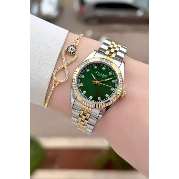 Kadranı Yeşil Gold Gümüş Renk 30 mm Kadın Kol Saati ve Bileklik