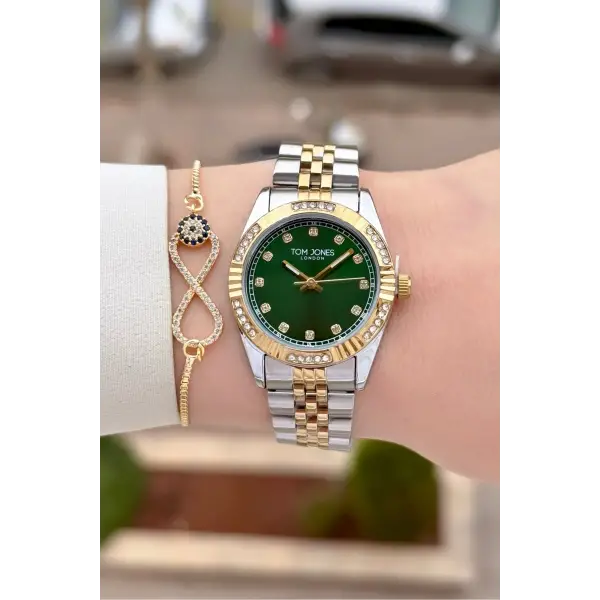 Kadranı Yeşil Gold Gümüş Renk 30 mm Kadın Kol Saati ve Bileklik