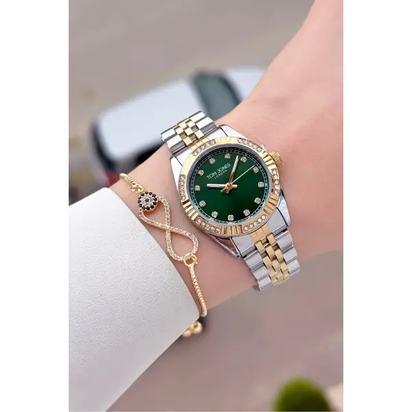 Kadranı Yeşil Gold Gümüş Renk 30 mm Kadın Kol Saati ve Bileklik