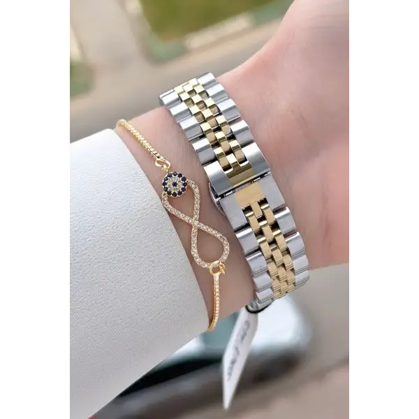 Kadranı Yeşil Gold Gümüş Renk 30 mm Kadın Kol Saati ve Bileklik