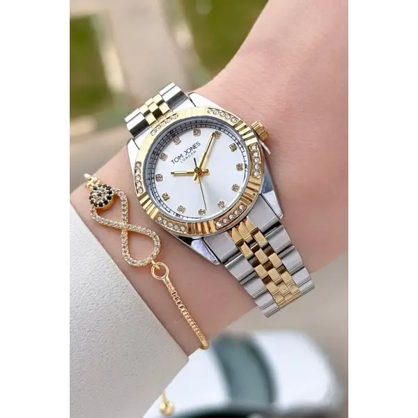 Gold Gümüş Renk 30 mm Kadın Kol Saati ve Bileklik