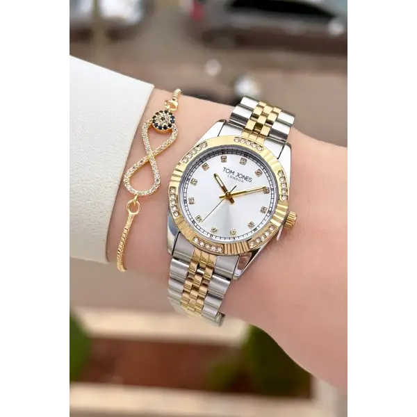 Gold Gümüş Renk 30 mm Kadın Kol Saati ve Bileklik